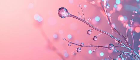 Shiny spheres connect with pink branches. Soft colorful light dots float in the background. Networks create abstract botanical shapes. photo
