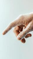Hand touching a connected digital network. Fingers extended with dot connections over skin. Neural network concept on bright background. photo