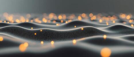 Abstract flowing dark surface with golden light dots. Concept for neural networks, data processing, or futuristic technologies background. photo