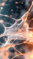 Glowing Neural Networks Structure with Mesh Connections Against Dark Background. Intricate Network Nodes and Orange Light Points Connect Forming Complex System. photo