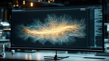 Computer Screen Shows Neural Network Data. Glowing Points Connect With Lines. Dark Background. Program Code Displayed. Information Technology Concept. Artificial Intelligence. photo