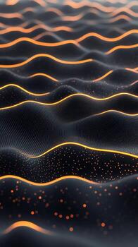 Dark surface undulates with many small glowing lights. Waves of light rise and fall in a repeating pattern. Small dots cover area. Neural networks photo