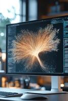 Computer screen displays glowing network of data streams. Artificial intelligence concept. Machine learning neural connections. Digital web on monitor. Modern technology office setting. photo