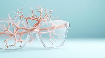 Clear glasses show network structure. Pink nerve cells behind spectacles. Soft blue background. Artificial intelligence connection concept. photo