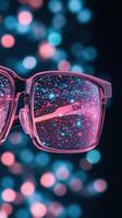 Eyeglasses reflect cosmic particles. Light spots bokeh blur. Neural networks design. Abstract vision with artificial intelligence. Pink and blue digital background. photo