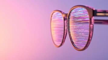 Eyeglasses Reflecting Neural Networks. Artificial Intelligence Concepts Visualized. Data Streams Inside Lenses. Pink and Purple Gradient Background. Technology Abstract photo