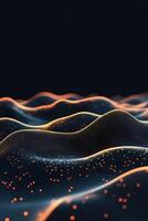 Abstract blue surface waves covered with orange points. Dark background, representing neural networks. photo