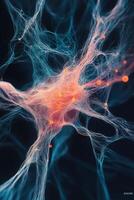 Abstract network connections of blue and orange lines with glowing points. Neural structure with dark background. Intricate artificial web with bright nodes. photo