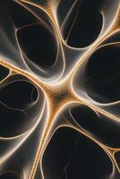 Glowing golden networks connect upon dark background. Network structure with connecting nodes. Artificial neural systems abstract. Complex networking between digital elements. photo
