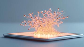 Glowing Neural Networks Emerge from Silver Device. Spheres and Connections form an Abstract Pattern. Artificial Intelligence display on a mobile platform photo