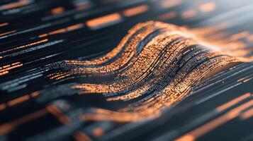 Abstract data streams wave across dark backdrop representing neural networks computing analysis with glowing dots and subtle lines for deep learning photo