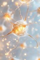 Glowing nodes forming intricate web. Complex neural network. Orange light emanating from neuron cell bodies. Abstract representation showing connection and transmission. photo