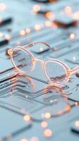 Glasses lie upon neural networks circuit board. Small light spots reflect across lens. Abstract background. Technology concept. photo