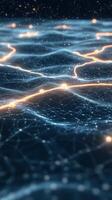 Abstract network structure showing data flowing between neural networks on a dark blue background with glowing nodes photo