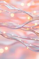 Flowing delicate lines with golden lights on a soft pink background. Neural networks concept for modern backdrop. Abstract glowing connection pathways simulation. photo