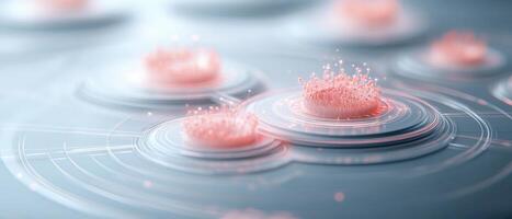 Interconnected networks illustration showing light particles above circular surfaces. Neural networks with digital technology design. Soft light pink elements. photo