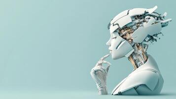 Artificial Intelligence Robot Profile Thinking with Finger Near Lips on Light Blue Background. Brain Electronic System inside Humanoid Head using Neural Networks photo