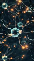 Glowing neural network components connect on dark background. Cells form a complex system. Points of light shine around structures. photo