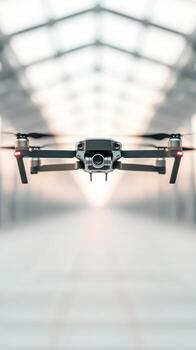 Drone soars under bright ceiling. Flight over light surface. Unmanned aerial vehicle ascends in bright structure. Tech in symmetrical place. Future with networks photo