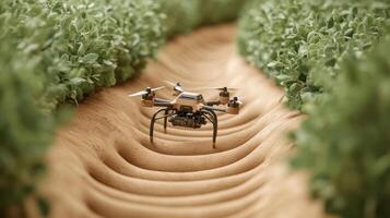 Drone rests on sandy path flanked by green plants. Artificial intelligence assists aerial device using networks to control movement photo