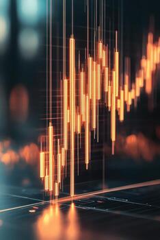 Glowing Data Chart Ascending on Dark Surface, Neural Networks Display, Orange Information Columns, Artificial Intelligence Concept photo