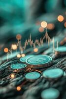 Digital Currency on Textured Surface with Rising Line Chart, Soft Lighting Bokeh Effect, Representing Neural Networks photo