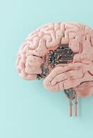Artificial brain with electronic circuits. Pink brain on light blue background. Neural nets concept. Advanced technology. Machine learning systems. photo