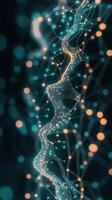 Glowing lines connecting points depicting a neural network concept flowing with lights against a dark background showing a complex pattern photo