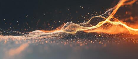 Glowing orange light waves flowing over dark background. Connected dots forming network structures. Concept of neural networks and digital data streams. photo