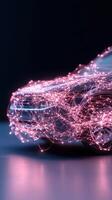 Car Front Glows with Neural Networks Connections. Pink Light Forms Wireframe on Vehicle. Dark Background shows Future Concept photo