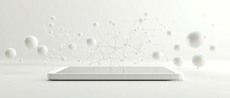 White Device Displaying Connected Spheres. Artificial Neural Networks Concept. Clean Background. Dots Connected by Lines. Digital Data Visualization on Mobile Screen. photo