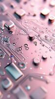Network Circuit Board Close Up. Pink Connected System. Electronic Computing Design. Machine Learning Diagram. Artificial Intelligence Structure. photo