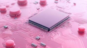 Pink circuit board shows a central processor unit surrounded by smaller components. Close up view displays the technology connections for a network. photo