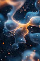 Abstract light blue shapes with golden highlights on dark background. Glowing points flowing through network. Neural networks concept. photo