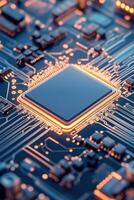 Close up of computer chip showing electronic components and glowing connections. Electronic system representing neural networks concept. photo