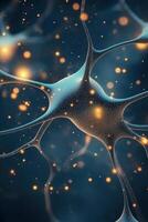 Connected neural structure with glowing points. Abstract network of neurons transmitting signals. Blue background. Futuristic depiction of complex system. photo