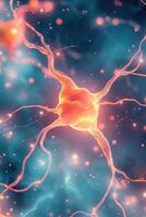 Glowing neural network structure. Artificial intelligence connections. Orange energy flowing within blue background. Abstract representation of computing systems photo