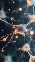 Glowing Neural Network Structure with Orange Particles on Dark Background. Abstract Network Connections with Light. Artificial Intelligence Neural Network photo