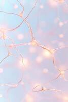 Interconnected network nodes transmit data signals on soft light blue backdrop. Digital neural system model with glowing connections. Networks background. photo