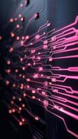 Glowing Pink Circuit Board Showing Neural Networks With Dark Background. Artificial Intelligence Connection. Machine Learning Concept. Abstract System. Electronic Data Processing. photo