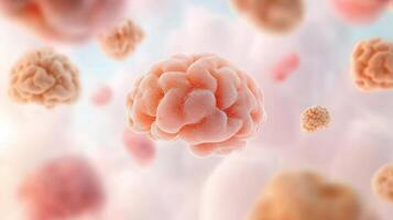 Artificial brains floating on a soft background, representing complex data networks, pink textured orbs connected by information streams. photo