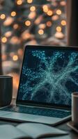 Glowing networks connect across the laptop screen. Dots form network. Warm light shines. Abstract neural networks concept. Artificial intelligence visualization. photo