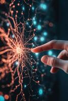 Finger touching network of lights. Neural connection points. Glowing patterns. Network connection. Dark background. Artificial intelligence. photo