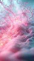 Abstract digital network surface. Pink connections glow over cellular structure. Interconnected data points on a smooth blue surface. Networks expand and interact. photo