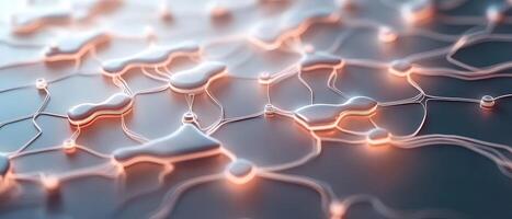 Abstract linked network. Neural net structure with glowing connections. Metallic texture with artificial intelligence system. Complex algorithm visual. Deep learning process photo
