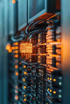 Illuminated server room shows intricate cabling with glowing connection point reflecting neural networks within a data center infrastructure environment photo