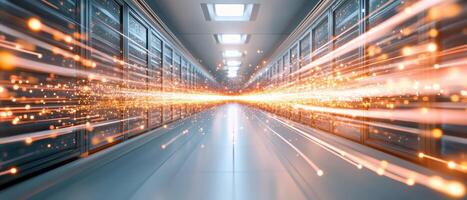 Server room corridor with light streaks representing neural networks data transmission in a symmetrical arrangement for processing and analysis photo