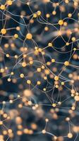 Abstract networks concept. Interconnected orange spheres linked together forming neural network. Artificial intelligence representation. Science design. Connection structure backdrop. photo
