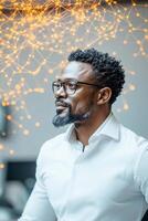 Man looking at Glowing Artificial Neural Networks. Light points connected with lines above head. Thoughtful man and abstract web in background. photo