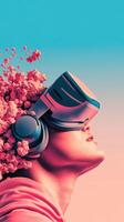 Pink figure wears virtual reality headset looking upwards with coral formations generated by neural networks against a blue gradient background photo